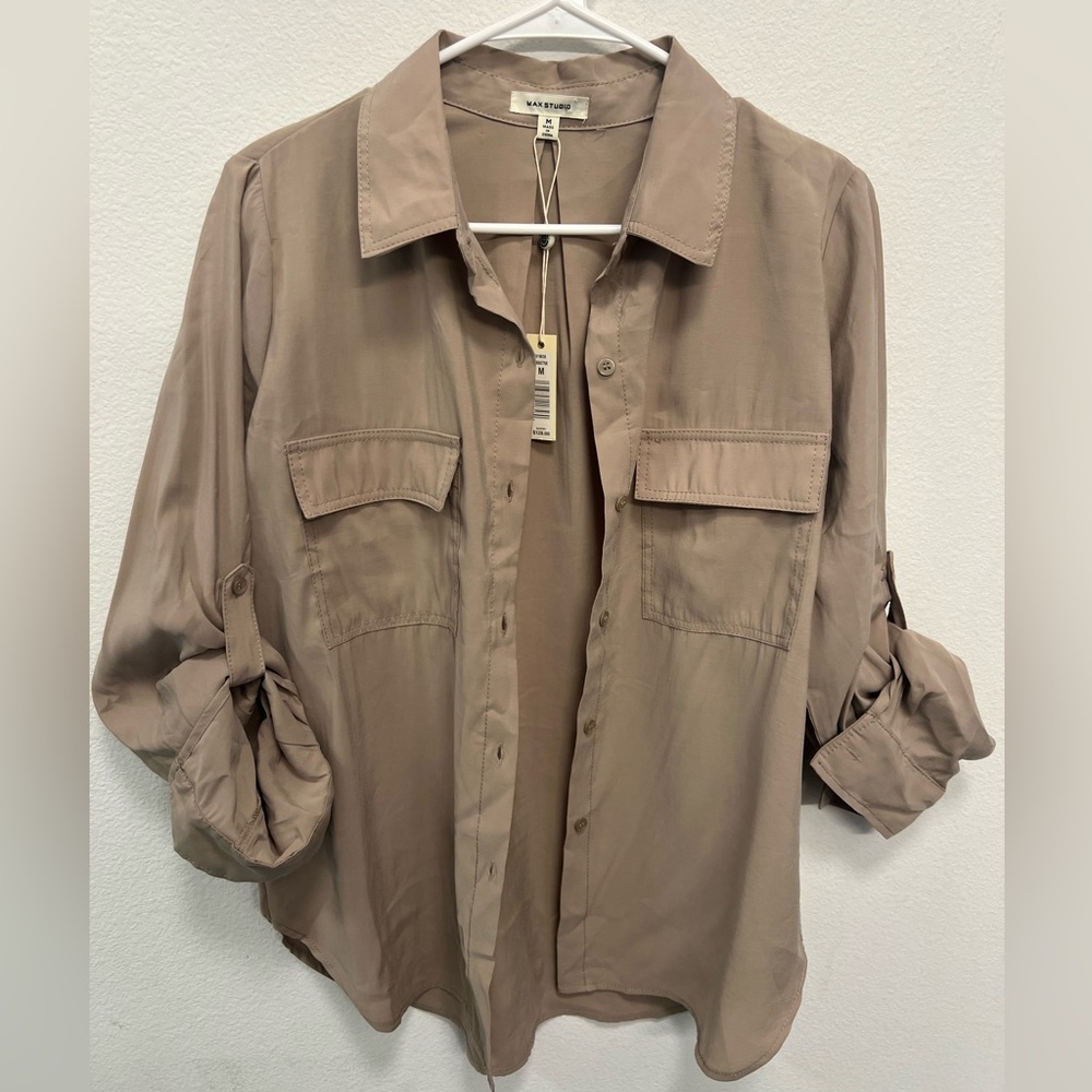 NWT - Max Studio Utility Button Front Blouse - Cobblestone - Size M